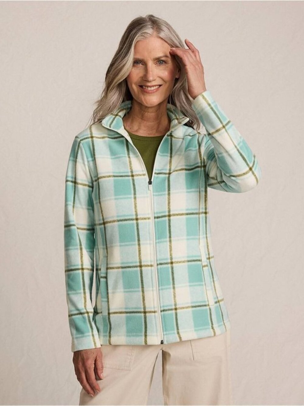 2/$30 Lands' End Anyweather Fleece Full Zip Jacket Mint Sky Buff Check #A4386